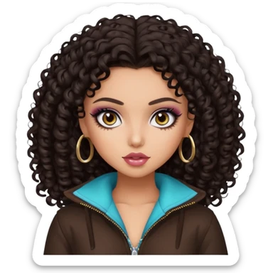 dark curly hair, pretty eyes, pretty makeup, pretty bratz baddie sticker