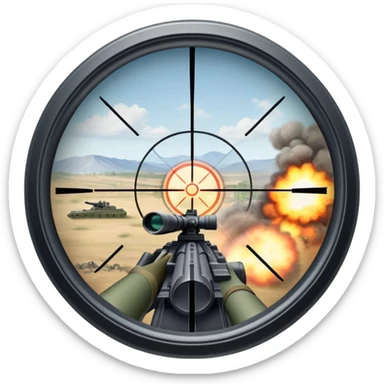 An icon symbolizing first-person shooter games. The design features a circular sniper scope view with crosshairs aimed at a distant target. The background shows a battlefield with soldiers and explosions, capturing the action-packed intensity of FPS games. Transparent background. sticker