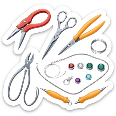 Jewelry art icon, various jewelry pieces like rings, necklaces, and bracelets in progress, visible tools such as pliers, gemstone, wire, and soldering equipment, minimalistic style, clean lines, transparent background. sticker