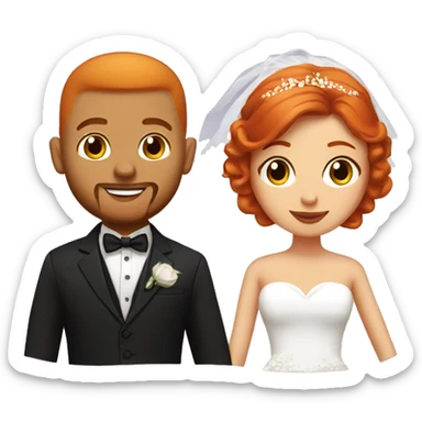 bride and groom bride is a red head with tattoos and groom is black with a small beard and buzz cut sticker