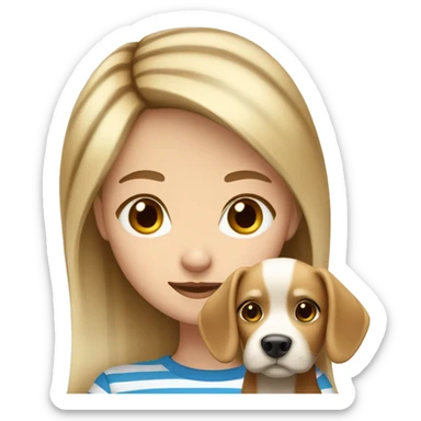 Blond girl with brown eyes holding her blue eyes striped brown dog sticker