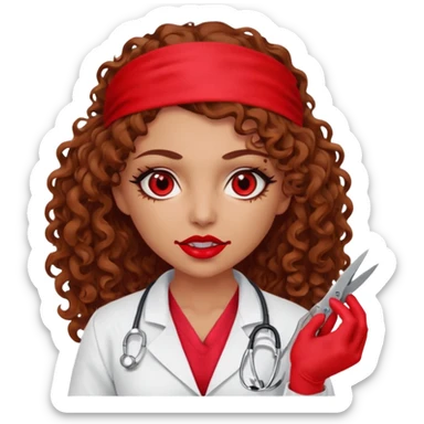 Lilith scalpel in hand, evil surgeon sexy surgeon clothes.  She has red eyes.Her  brown long curly hair. Wears sexy doctor outfit with red gloves. Hides mouth necknose with red bandana to hide her identity. Hair is long and brown sticker