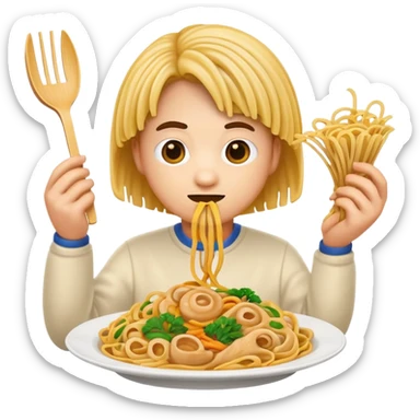 emoji face with a sneaky expression holding a plate of lo mein noodles sticker