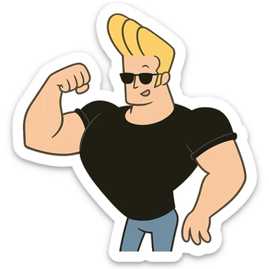 Johnny Bravo character, muscular man with blonde hair, sunglasses, black shirt, cartoon style sticker