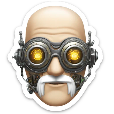Bald cyborg head with silver steampunk goggles, white beard and circuits sticker