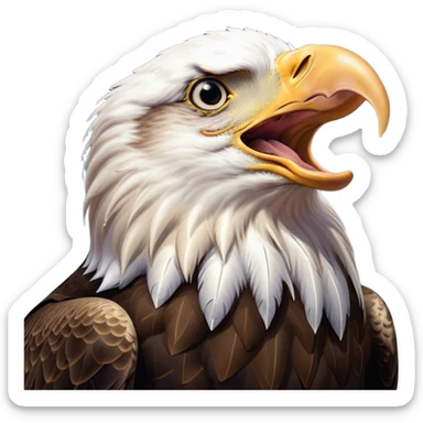 Cinematic Cute Yawning American Eagle Portrait Emoji, Head tilted slightly with a dramatic, wide-open yawn, showcasing a stately form with gently drooping feathers and sleepy, half-closed eyes, Simplified yet irresistibly adorable features, highly detailed, glowing with a soft, cozy majestic glow, high shine, relaxed yet expressive, stylized with a dash of whimsical aerial charm, soft glowing outline, capturing the essence of a drowsy yet affectionate American eagle that appears ready to stretch out for a nap! sticker