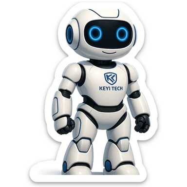 Lonna, the intelligent robot of Keyi Tech, standing confidently, shiny white shell, blue highlights, visible Keyi Tech emblem sticker