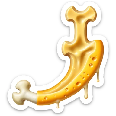 Shredded cheese emitting ethereal golden glow toward a femur bone that shows a healing process with bright golden spots. A luminous K2 vitamin symbol floats nearby, directing the healing energy from the cheese to the specific healing points on the bone. sticker