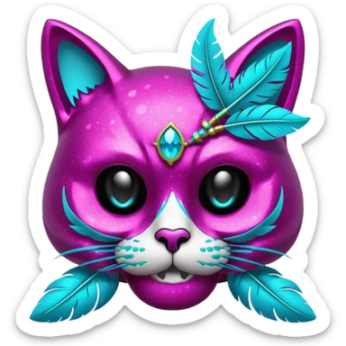 Glittery magenta cat-skull with cyan feathers sticker
