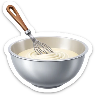 Cinematic Realistic Whisk & Mixing Bowl, a well-used metal whisk resting in a smooth ceramic mixing bowl, light reflecting off the whisk’s polished surface, subtle smears of batter along the rim, glowing with a sense of warmth and creativity. sticker