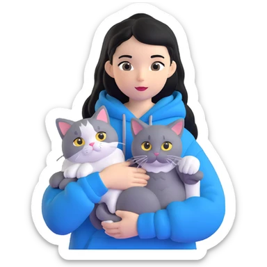 Girl with black hair in gray hoodie with a British shorthair blue and white cat and a long-haired blue and white cat sticker