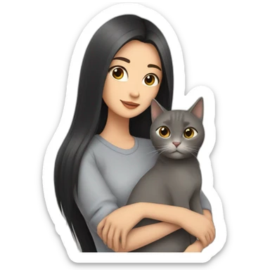 beautiful woman with dark long straight hair and brown eyes hugs a grey cat  sticker