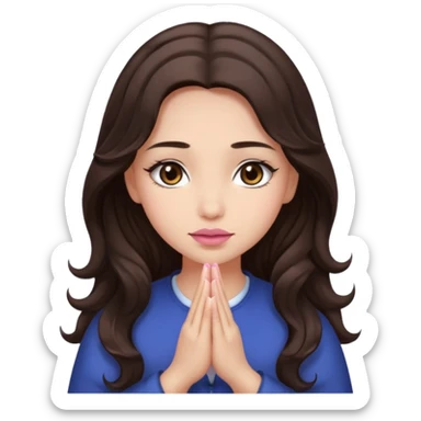 girl with wavy long glamorous dark brown hair, brown eyes, light to medium complexion, long lashes, light pink lipstick, praying sticker