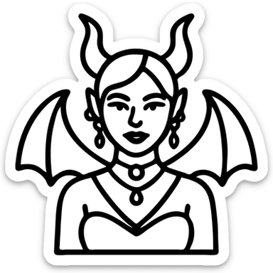 stylized icon of a light-skinned goddess with short black hair with red streaks, Maleficent horns, bat wings, black dress, red jewelry, blue eyes, dramatic eyeliner, black lipstick, multiple silver facial and ear piercings sticker