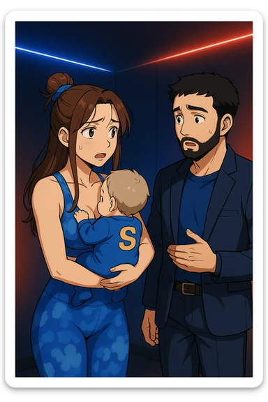 ispirati a questo stile di disegno e fai questa immagine in versione manga/webtoon a colori, il manga mostra la donna preoccupata con un neonato in braccio con una tutina azzurra e la scritta "S" sulla schiena, la donna gli sta facendo una domanda all'uomo, ma non fare i fumetti, fai come se stessero parlando sticker