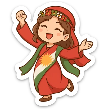 Create a colorful and cheerful Kurdish cartoon sticker in chibi style. Show the traditional Kurdish clothing and a dancing pose. The background should be transparent. Suitable for WhatsApp and Instagram. sticker