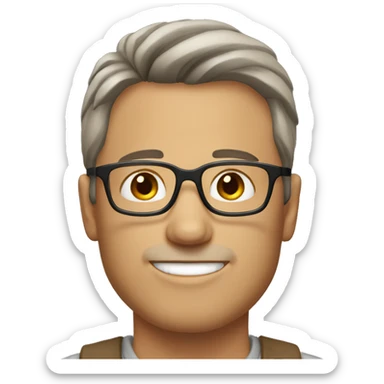 man with short light brown hair with a gray streak in the front and brown eyes and glasses sticker