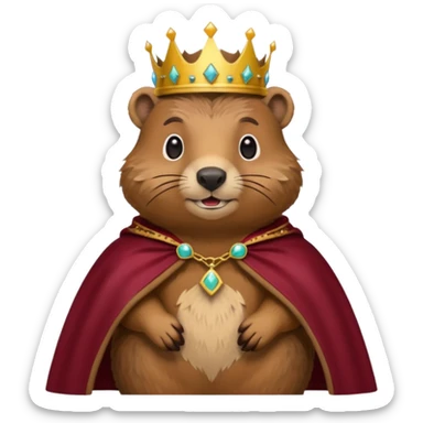 Groundhog wearing crown with a maroon cape with KPM embroidered on the cape sticker