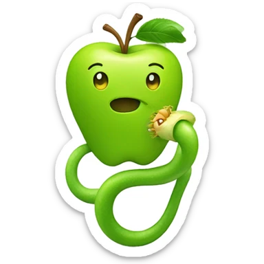 Green cheerful apple with yellow worm sticker