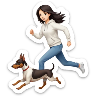 A beautiful girl with long hair wearing a white sweatshirt and jeans is running with a Doberman sticker