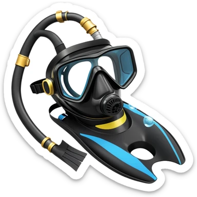 An icon featuring a close-up of a scuba mask, snorkel, and diving fins, with bubbles rising from the gear. The design includes a wetsuit and underwater light rays filtering through the water. Transparent background highlights the essence of diving and underwater exploration. sticker