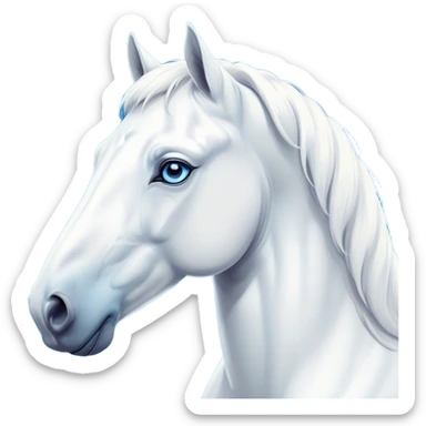 Cinematic Noble White Horse Portrait Emoji, Poised and regal, with a strong, athletic build and a pristine, well-groomed pure white fur, deep-set soulful blue eyes, Simplified yet sharp and sophisticated features, highly detailed, glowing with a soft, dignified glow, high shine, intelligent and majestic, stylized with an air of ethereal grace, focused and attentive, soft glowing outline, capturing the essence of a watchful and confident steed, so majestic it feels as though it could gallop out of the screen with effortless authority! sticker