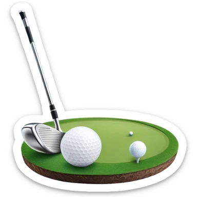 A golf ball on a tee, with a golf club placed beside it on the lush green fairway. The background shows a serene golf course with neatly trimmed grass and a clear blue sky, emphasizing the elegance and precision of the game. sticker
