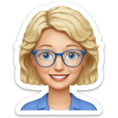 woman 60 very short weavy blonde haire, rectangle glases, blue eyes sticker