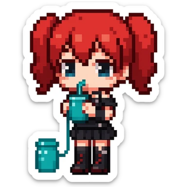 Make the character more chibi with red cherry hair instead of red curly hair, keep the goth style, and depict her drinking water. The style should be pixel art with no background. sticker