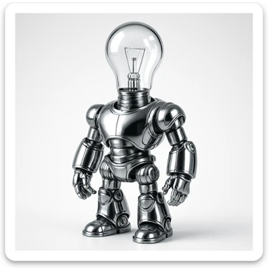 a robot with a lightbulb head, chrome style sticker