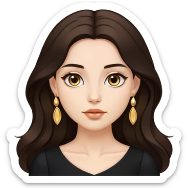 Beautiful woman,cute, long dark brown hair in dark dress with gold earrings sticker