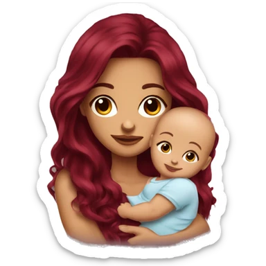 Beautiful tattooed burgundy long haired woman holding a baby sticker
