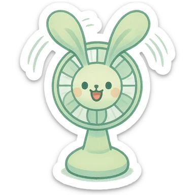 cute electric fan bunny with ears spinning like blades, cheerful face, pastel green, full-body sticker