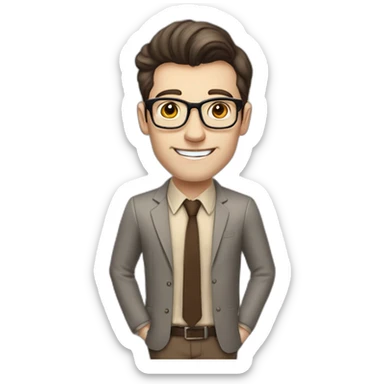 Pale skinned fit man with dark brown hair in gray jacket, beige office shirt, brown tie, brown pants and vintage glasses Writing on the flipchart sticker