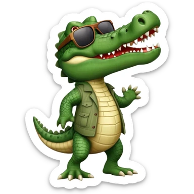 friendly anthropomorphised crocodile in casual clothing, wearing dark sunglasses, walking upright, standard pose sticker
