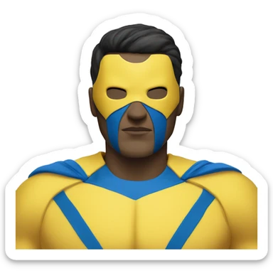 Superhero wearing a yellow and blue suit with black accents. He should have a distinctive yellow visor-style mask covering his eyes, shot black hair. heroic expression. sticker