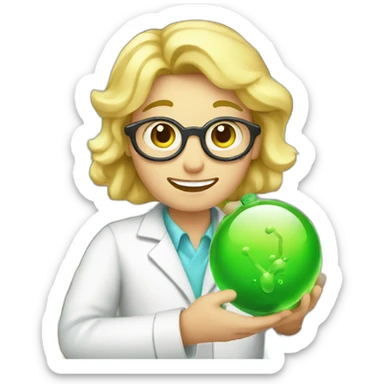 a blonde chemist holds a golba in his hand sticker