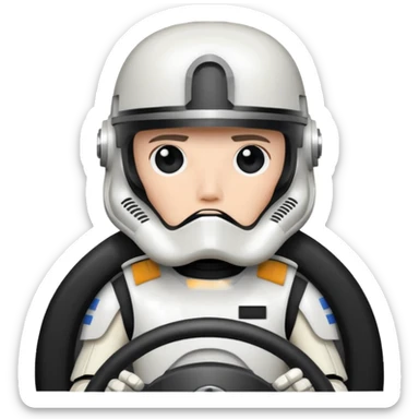 ["Stormtrooper helmet driver, white armor, hands on steering wheel."] sticker