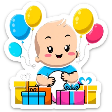 happy baby surrounded by birthday presents and colorful balloons sticker