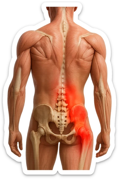 CORPO UMANO ANATOMICO REALISTICO DI SPALLE CON DOLORE ALLA LOMBARE INFIAMMATA, DOLORE ALL'ANCA, IPERREALISTICO 4K sticker