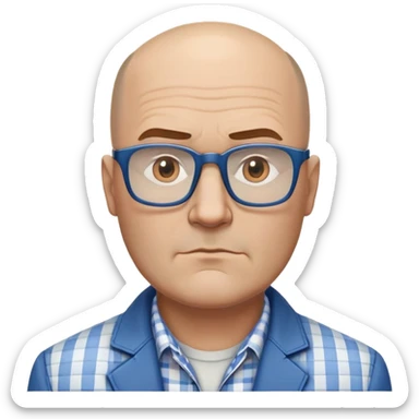 50-year-old heavyset man with very wide face and prominent square jawline. Little to no hair on the sides with some hair on top, balding pattern. Large dark square glasses. Serious-relaxed expression. Light gray jacket that fits his larger frame, white shirt with blue checkered pattern. sticker