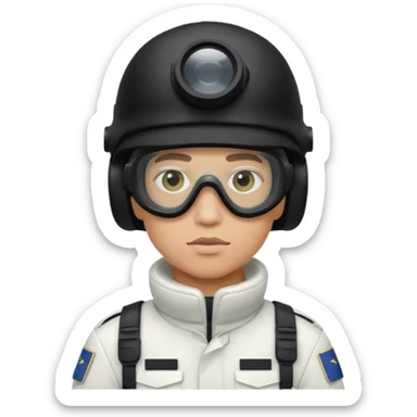 A Finnish modern soldier in a white snow uniform. with black night vision goggles sticker