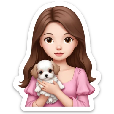 beautiful girl with long hair wearing pink dress holding a white Maltese puppy sticker