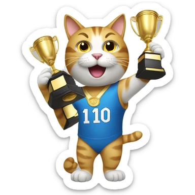 cat holding up a number 10 trophy sticker