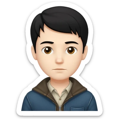 A white boy with black hair, wearing old clothes and a beautiful style sticker