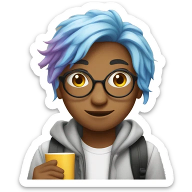 student with colored hair, creative personality, books in hand, coffee in hand

 sticker
