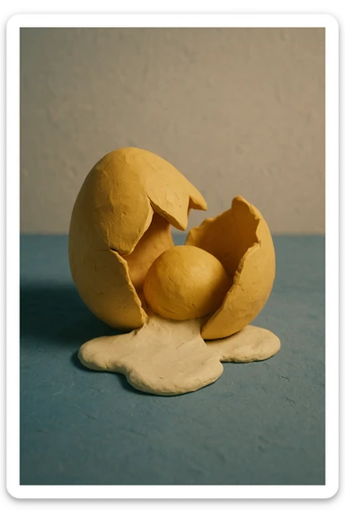 A golden broken egg in claymation style, matte texture with visible fingerprints, pastel colors. sticker