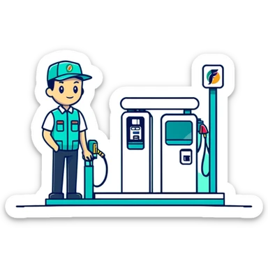 Male gas station attendant standing next to fuel dispenser, minimalist design with soft gradients in sky blue, teal green, white, and light gray sticker