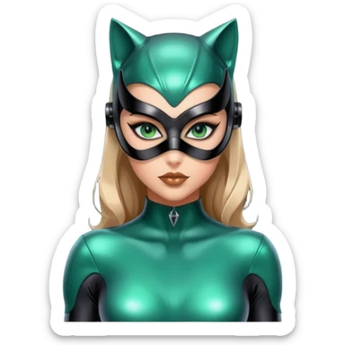 Full body Futuristic Catwoman big blue green eyes with shiny patent leather mask, long false eyashes, most incredible highly detailed Futuristic seductive overall appearance  sticker