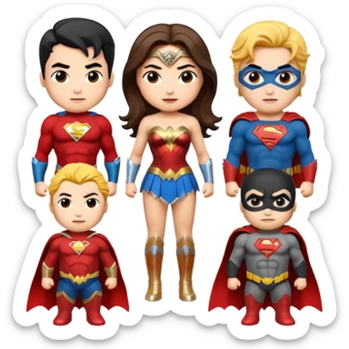 Justice League chibi versions of Flash, Wonder Woman, Superman, Aquaman, and Batman in emoji style sticker
